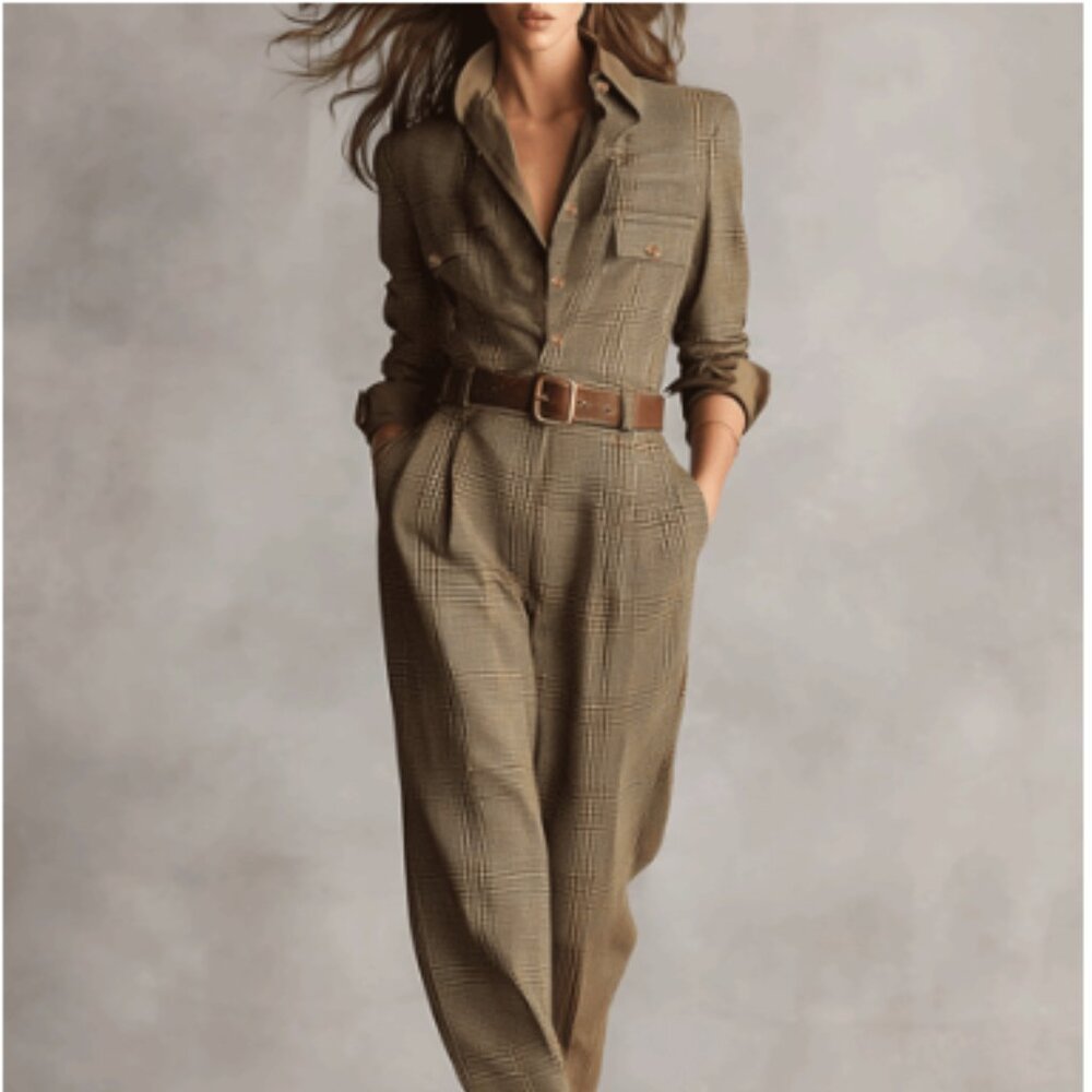 Brand new Women's Brown Sophisticated Tweed Plaid Jumpsuit - unopened Size L